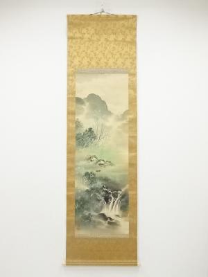 一陽筆　青緑山水図　肉筆絹本掛軸（共箱）